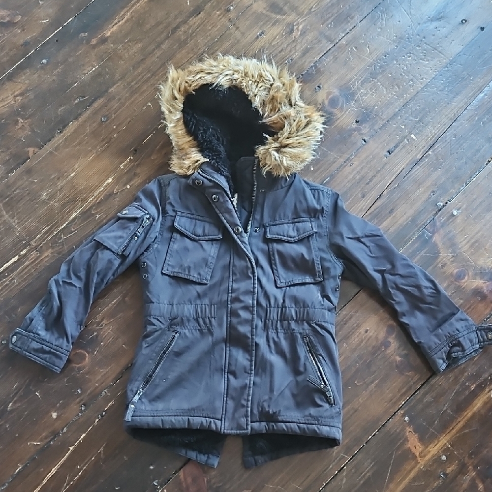 Kids Fur Hooded Jacket - Black